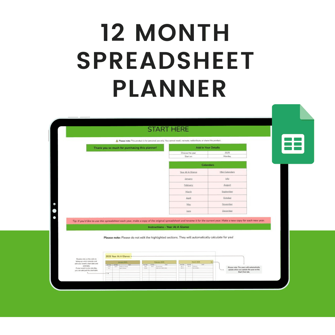 12 Month Spreadsheet Planner
