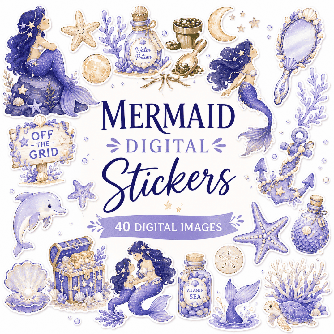 Mermaid digital stickers for digital planners and journals