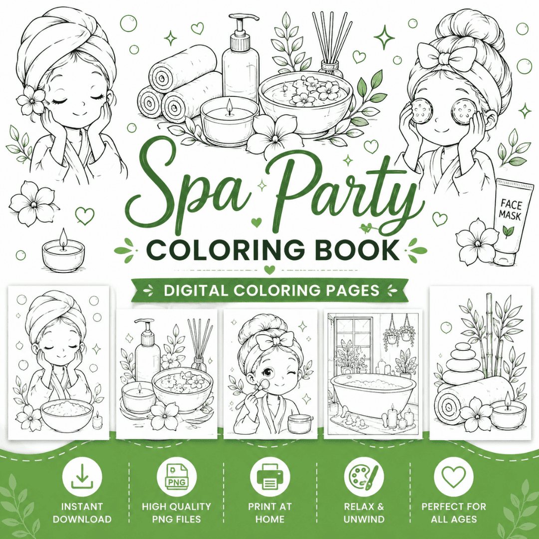 40 Spa Party Coloring Book pages for creative fun