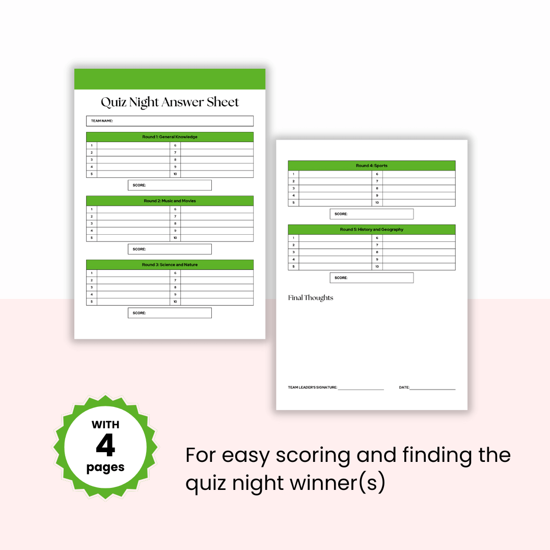 Quiz Night Answer Sheet Templates
