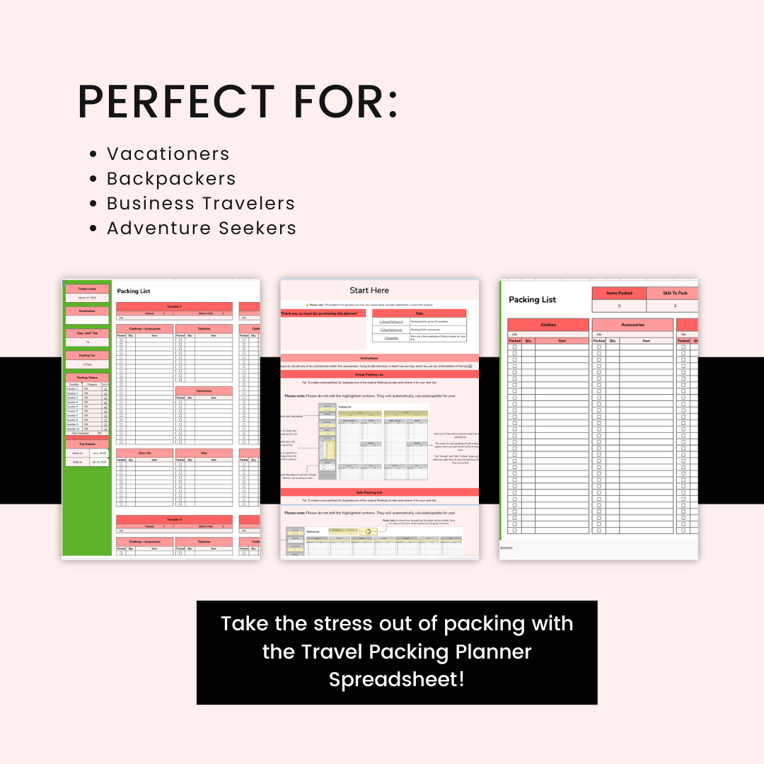 Travel Packing List Spreadsheet Planner