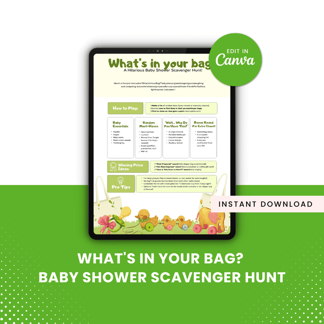 What's In Your Bag? Baby Shower Scavenger Hunt Mockup