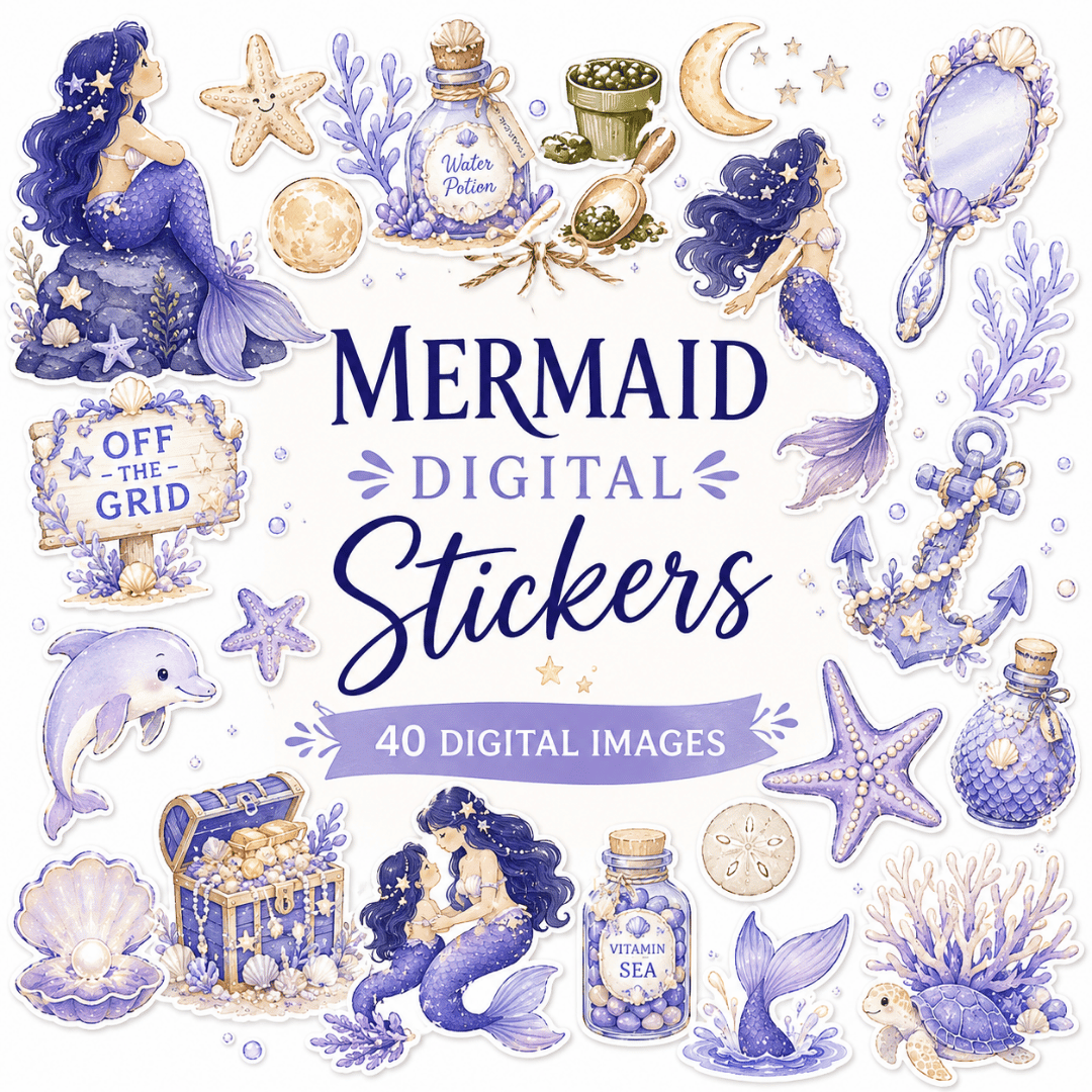 Mermaid digital stickers for digital planners and journals