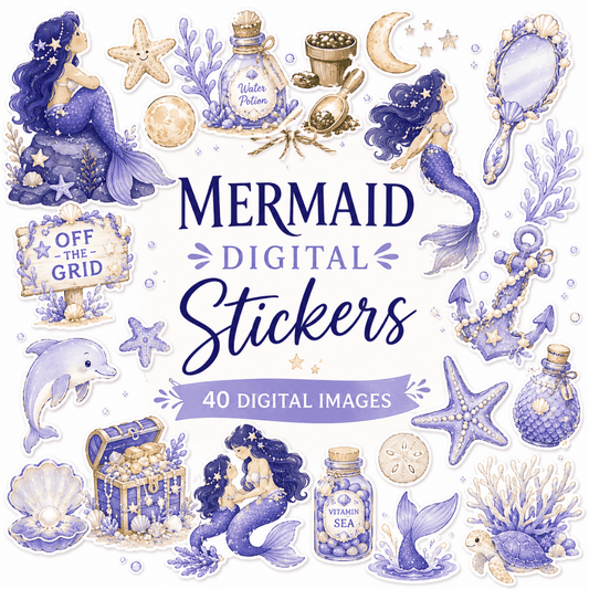 Mermaid digital stickers for digital planners and journals