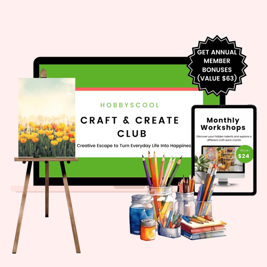 HobbyScool Craft & Create Club promotional image with art supplies and digital content.