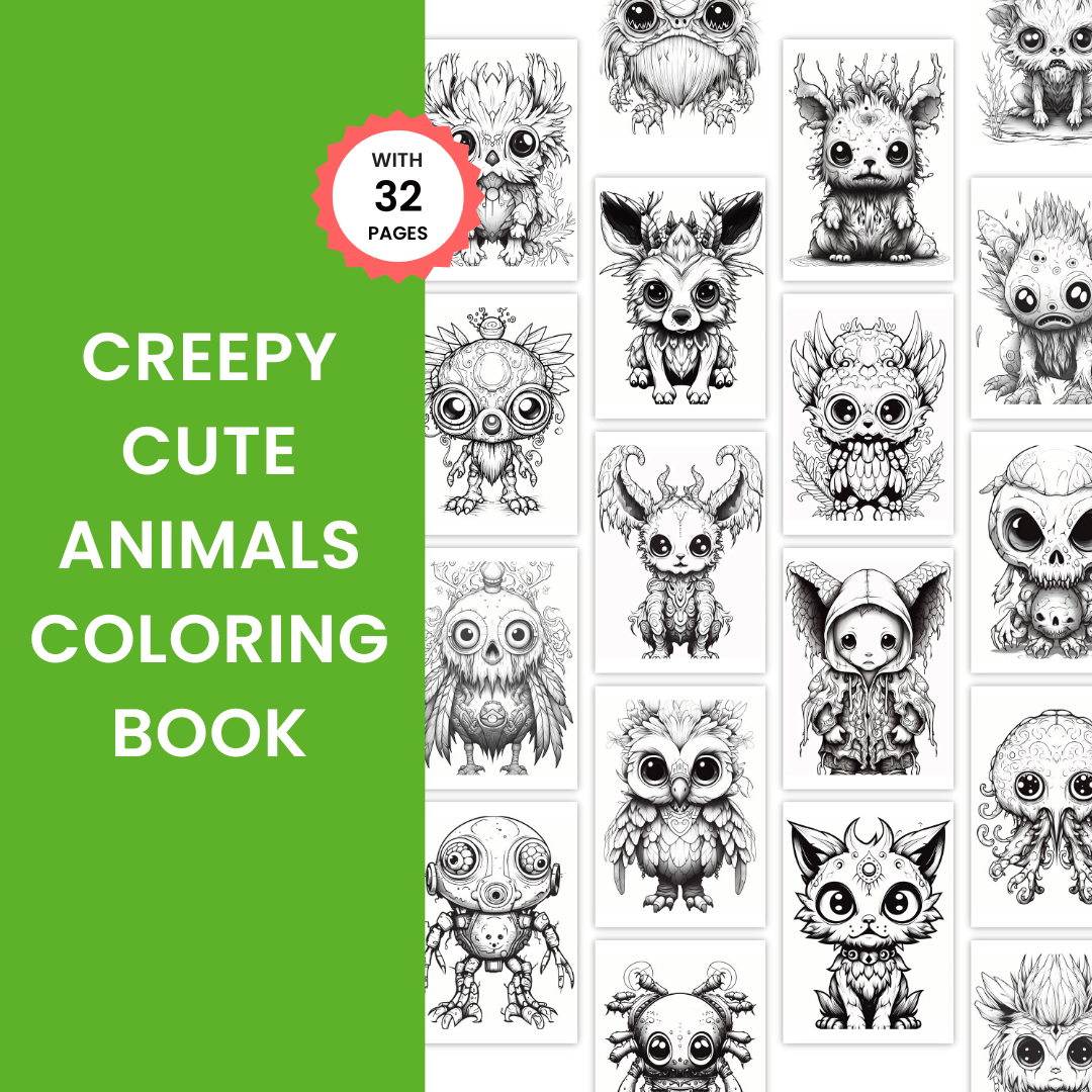 Creepy Cute Animals Coloring Book Mockup