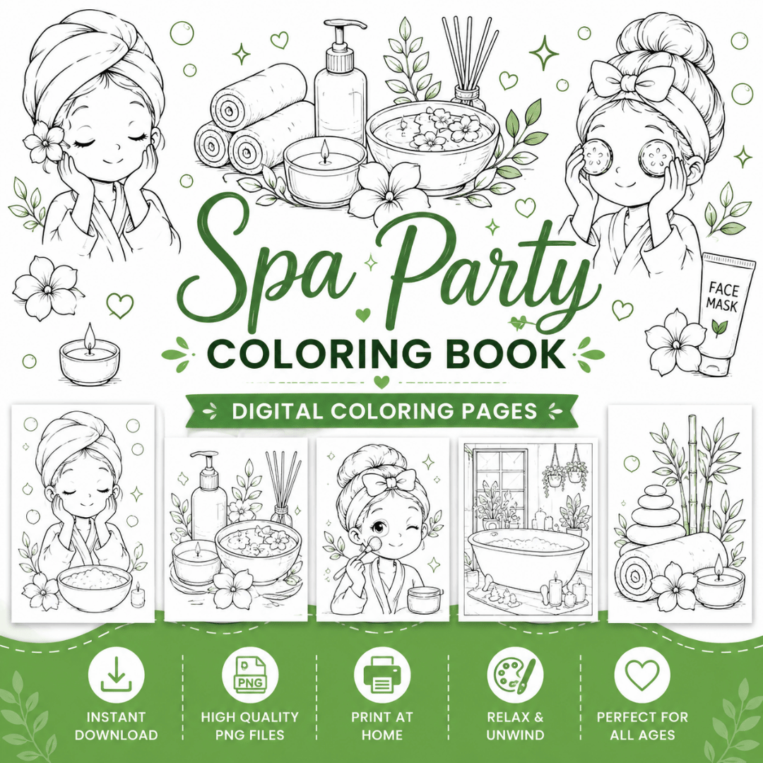 40 Spa Party Coloring Book pages for creative fun