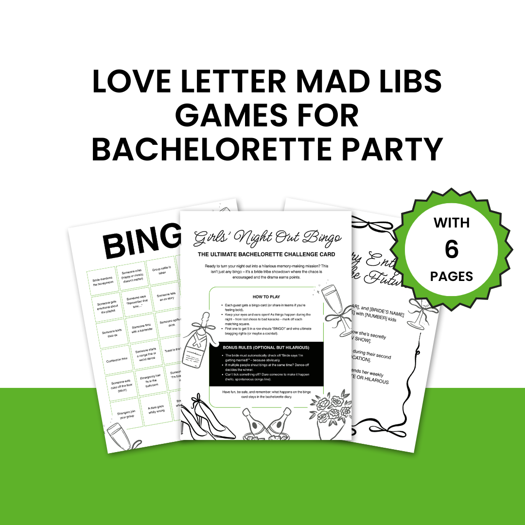 Love letter mad libs games for bachelorette party with 6 pages on a white background