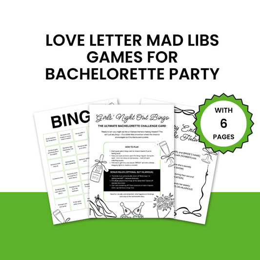 Love letter mad libs games for bachelorette party with 6 pages on a white background